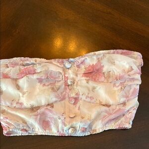 SHEIN Pink and Cream Ruched Bustier Crop Top